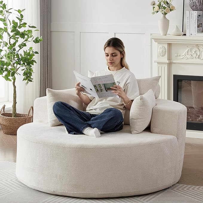 Oversized Round Chaise Lounge Chair Indoor 55W Circle Comfy Armchair with Deep Seat Floor Cloud Boneless Chair Upholstered Modern Cozy Sofa Chairs for Living Room Bedroom(Grid Chenille Beige)