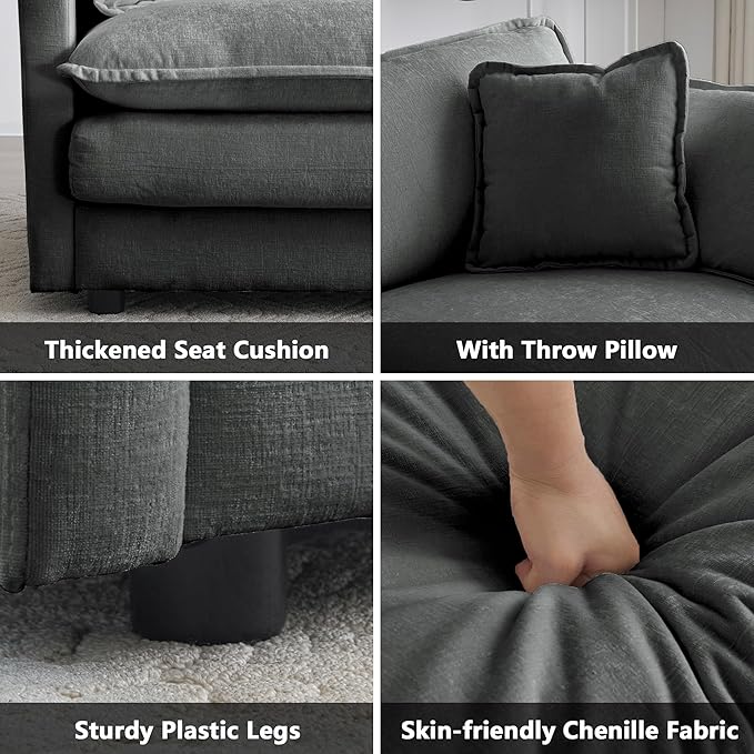 mikibama 41.4 W Single Seat Sofa Chenille Comfy Deep Upholstered Couch Armchair with Toss Pillow for Living Room Bedroom Office Apartment Grey