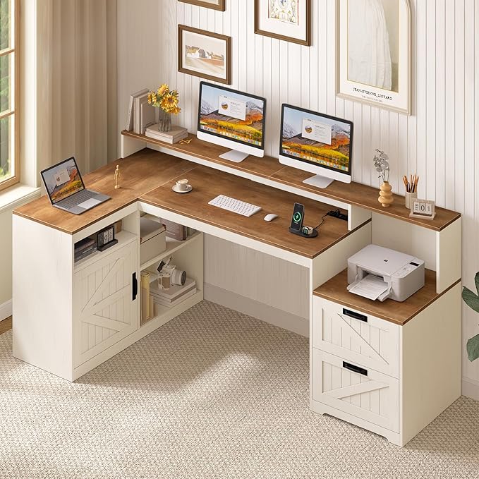 TVU Farmhouse L Shaped Desk with Drawers 62.2 Home Office Desk with Storage Shelves and Power Outlet L Shaped Computer Desk with Monitor Stand and Printer Shelf Brown and White