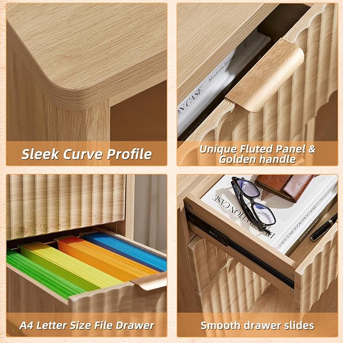 LEYAOYAO Office Desk 48 with 3 Drawers Storage File Cabinet Wood Fluted Desk for Computer Office Bedroom Home Furniture Natural