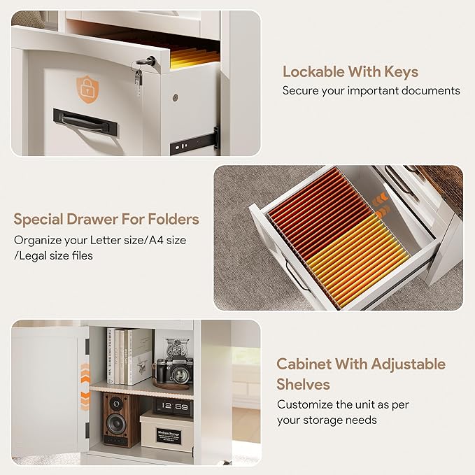 Farmhouse Executive Desk with Drawers 55 Home Office Desks with Fast Charging Station Lockable File Cabinet Wood Writing Computer Desk for Work Study White