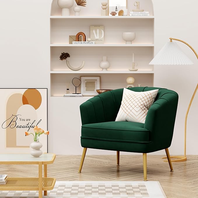 Velvet Accent Chairs for Living Room Bedroom Office - Upholstered Single Sofa Arm Chair with Metal Legs Green