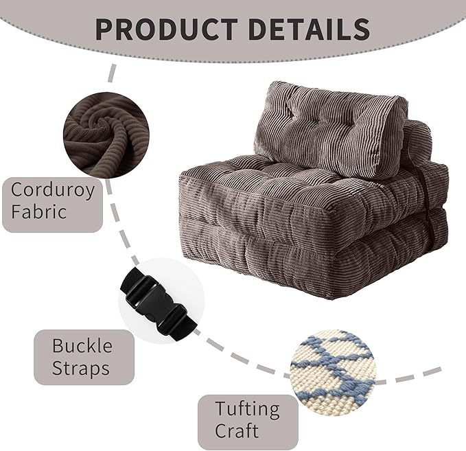 Folding Sofa Bed Convertible Floor Sofa Chair Bed with Pillow Comfy Corduroy Sleeper Lounge with Back Support Portable Fold Out Mattress for Living Room Bedroom Dorm(Coffee)