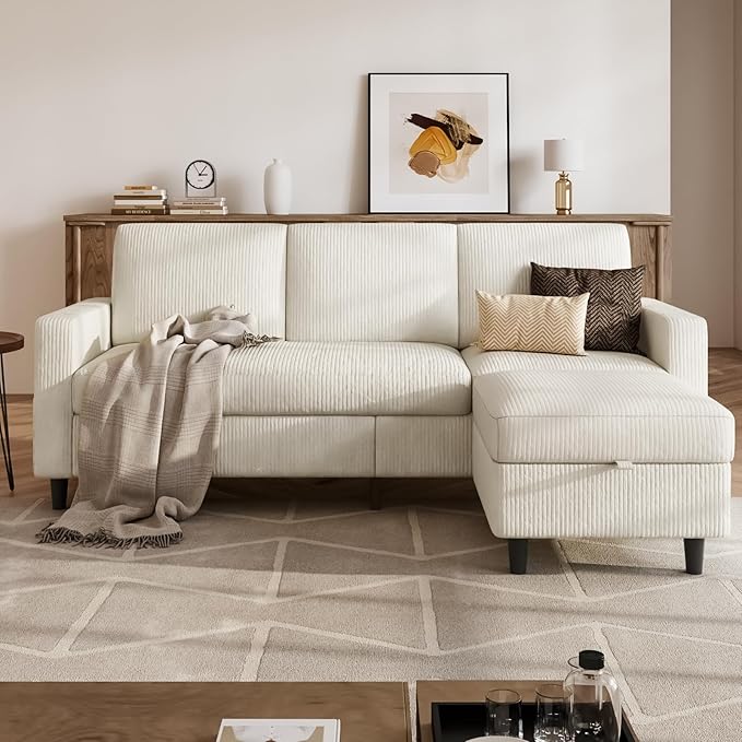 Sectional Couches for Living Room L Shaped Couch with Storage Ottoman Small Sofa Corduroy Couch with Side Pockets Modern 3 Seater Convertible Sofa for Apartment Office Beige