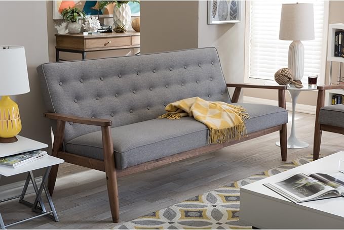 Baxton Studio Sorrento Mid-Century Retro Modern Fabric Upholstered Wooden 3-Seater Sofa Grey 70.59 x 29.45 x 32.96