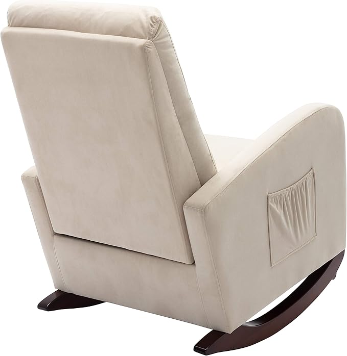 Cozy Velvet Reclining Rocking Chair with Side Storage Pocket Comfortable Button Tufted Rocker Elegant and Functional Rocking Recliner Chair Ideal for Living Room &amp Nursery Beige