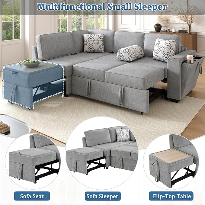83.9 Convertible Sectional Sofa Bed Chenille L-Shaped Sofa with Dual Pull-Out Sleepers Flip-Top Table USB Ports Cup Holder &amp Storage for Living Room Office Apartment (Light Gray-7.22)
