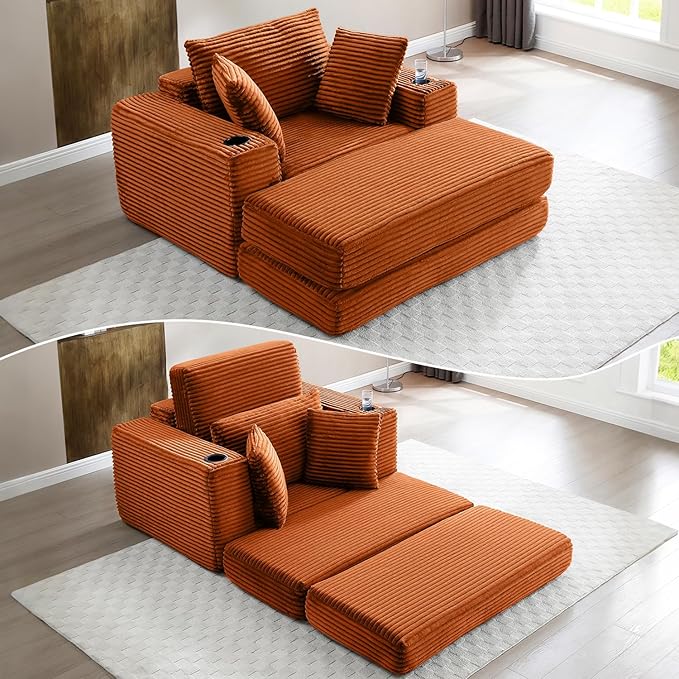 HANXIN 62 Chaise Lounge Chair Indoor Oversized Corduroy Boneless Convertible Chaise Lounge Couch Sleeper Chair with Ottoman Deep Seat Reading Chair No Assembly Required (Orange)