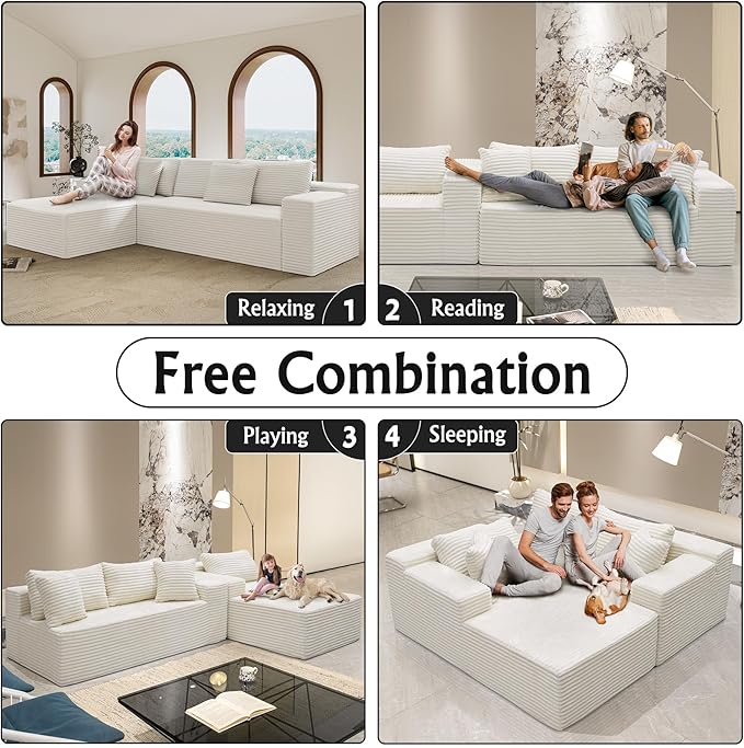 White sectional couches for Living Room Corduroy Couch104 Cloud Sectional Couch with L-Shape Chaise Modern Modular Sofa Deep Seat Comfort No Assembly Required(Plush Corduroy Fabric)
