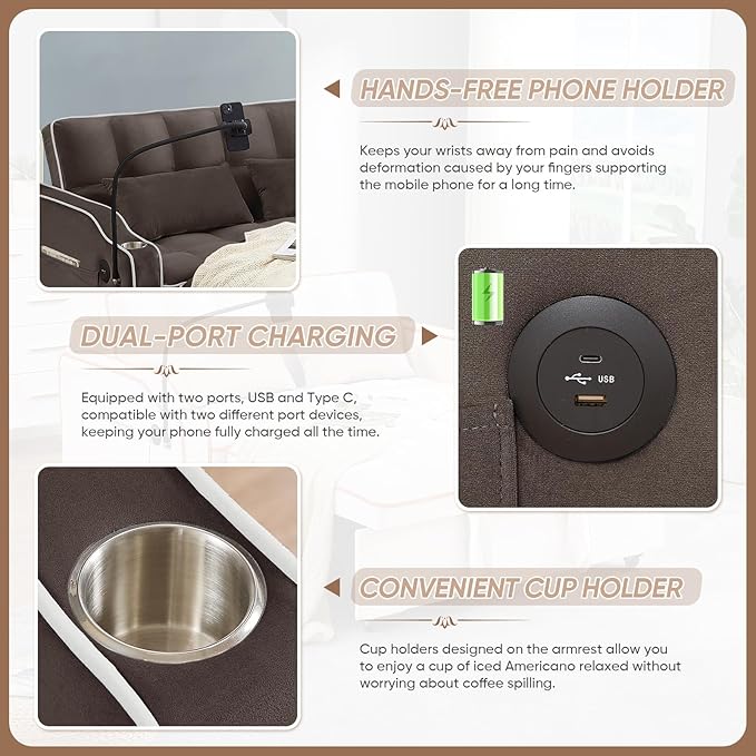 Antetek Sleeper Sofa Couch Bed with USB &amp Type C Port Modern 3-in-1 Convertible Velvet Pull Out Loveseat Futon Sofa w/Phone Holder/Cup Holder for Living Room Apartment Adjustable Backrest Coffe