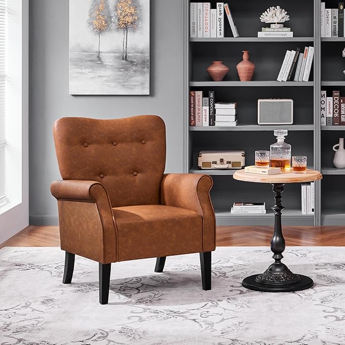 Yaheetech Modern Armchair Mid Century PU Leather Accent Chair with Sturdy Wood Legs and High Back for Small Space Upholstered Club Sofa for Living Room/Bedroom Set of 2 Retro Brown