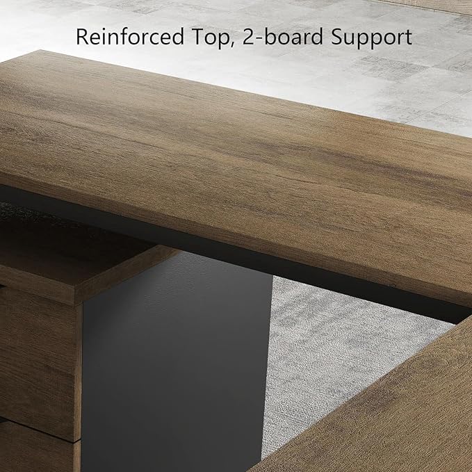 SAINTCY 63 Inch L-Shaped Executive Desk Industrial Modern Wood Office Desk with 3 Drawers Built-in Cable Management &amp Power Outlet Real Wood Finish Reversible Left/Right Return Home Workstatio