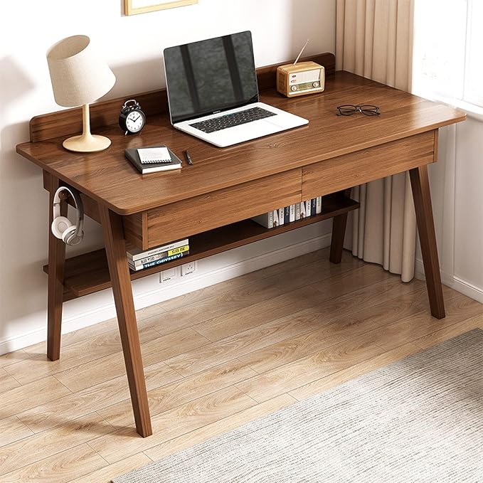 Writing Desk Home Office Workstation Computer Desk Mid-Century Modern Walnut Desk with 2 Drawers and Storage Shelves(47 Inch Walnut)