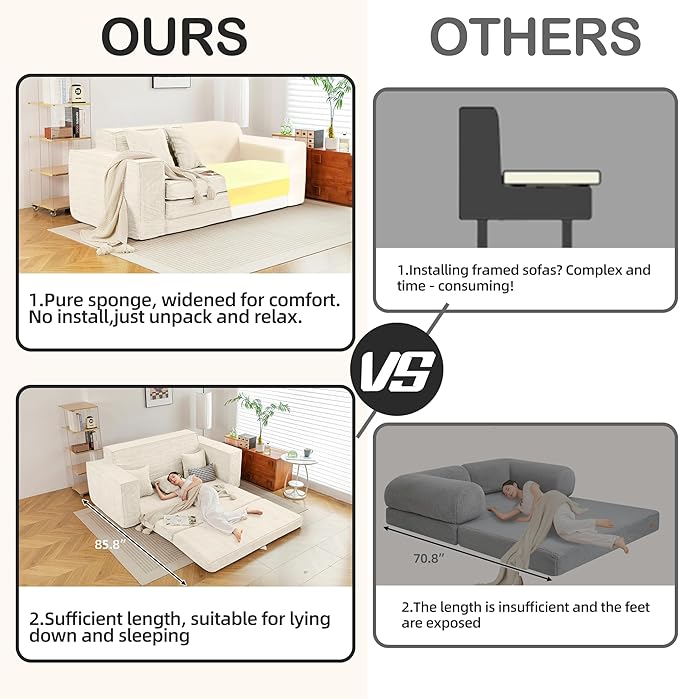 HOMREST 76 Convertible 3-Seat Sleeper Sofa Pull Out Sofa Bed 2 in 1 Folding Floor Sofa Oversized Corduroy Upholstered Boneless Couch with 3 Pillows for Living Room Bedroom (Beige)