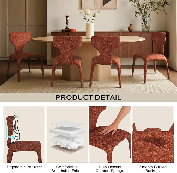 Modern Minimalist Curved Back Accent Chair - Brown Upholstered Armchair Ergonomic Design for Living Room Study Bedroom Cafe