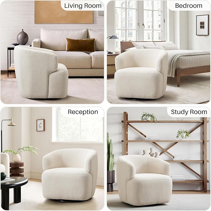 Swivel Accent Chair Upholstered Fabric Barrel Chair Boucle Round Boucle Armchair for Living Room Bedroom Beige Cream White