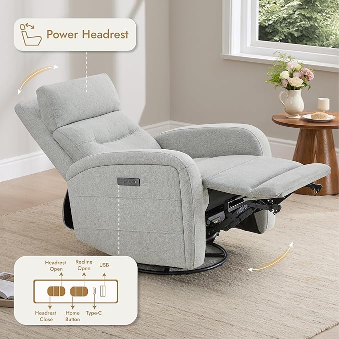 Watson &amp Whitely Swivel Power Recliner with Adjustable Headrest Recliner Chairs for Adults Small Glider Rocker for Living Room Fabric in Dove Grey