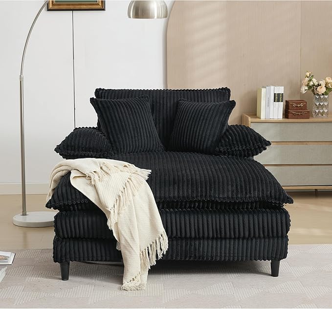 54.8 Oversized Chaise Lounge Chair Cozy Sleeper Sofabed Plush Corduroy Upholstered Cloud Lounge Sofa Daybed with Detachable Pillow Armrest and 4 Angles Adjustable Backrest