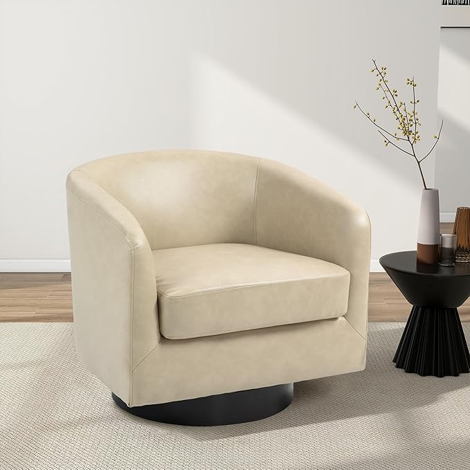 Swivel Barrel Chair Modern Round PU Leather Accent Armchair for Living Room Bedroom Oversized Comfy Club Reading Chairs for Adults (Leather Cream Set of 1)
