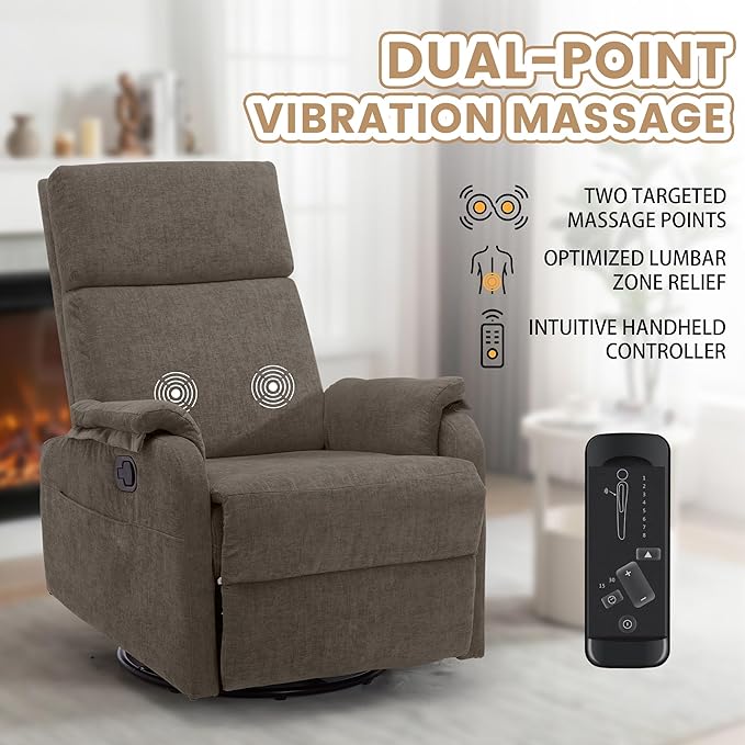 Swivel Rocking Recliner with Massage Small Glider Chair for Nursery Modern-Designed Armrests Chair for Adults Living Room Chenille Brown