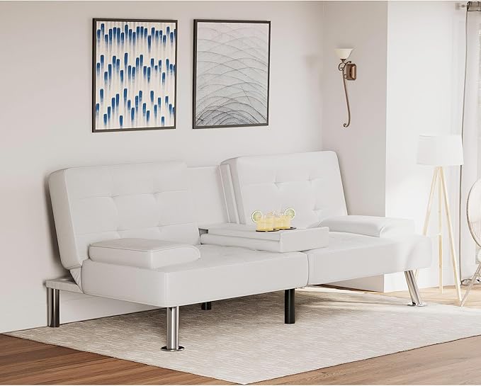 Flamaker Futon Sofa Bed Modern Folding Futon Set PU Leather Convertible Recliner Lounge for Living Room with 2 Cup Holders Removable Armrests (PU Leather White)