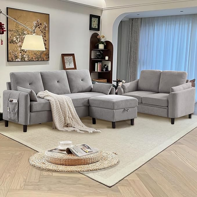 Convertible Sectional Sofa 3 Seater Sofa and Loveseat SetsModern L Shaped Couch with Reversible Chaise2 PCS Sofa Set Sectional Couch for Living Room Apartment Light Gray