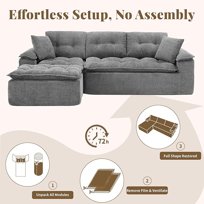 110 Modular Sectional Sofa Cloud Sectional Couch with Ottoman Modern L Shaped Sofa with Deep Seat Upholstered Boneless Couch for Living Room with Layered Cushion No Assembly Grey