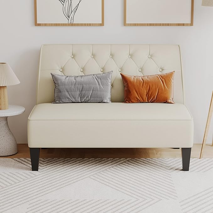 Alunaune Upholstered Loveseat Bench Couch for Bedroom Modern Anti Scratch Cushioned Armless Settee Small Love Seat Sofa Faux Leather Living Room Couch-Beige