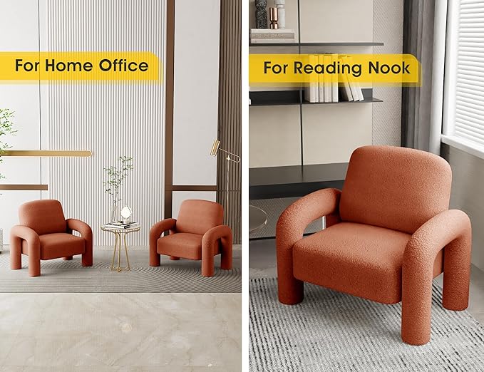 Modern Sherpa Accent Chair Teddy Upholstered Arm Single Sofa Cozy Fluffy Reading Chair for Living Room Bedrooms Corner (Orange)