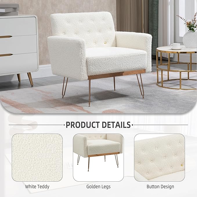 Accent Chair for Living Room Comfy Oversized Velvet Upholstered Arm Chairs Mid Century Modern Reading Single Sofa Side Chair with Tufted Back and Gold Legs for Bedroom (1 Teddy White)