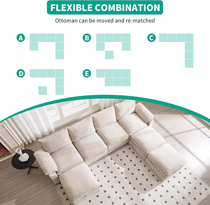 Large U-Shaped Sectional Couch Set - 6/7/8 Seater Oversized Cloud Sofa for Living Room Big Comfy Chenille Fabric Couches Extra Long Modular Sofa Bed Furniture (Beige 7-Seater Sofa)