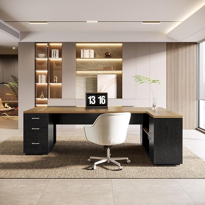 Tribesigns 85.8-Inch L-Shaped Executive Office Desk with File Drawers &amp Storage Cabinet Professional Corner Computer Desk Extra Large Business Workstation with Adjustable Shelves (Brown&ampBlack