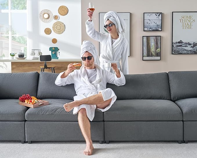 AMERLIFE 114 Inches Modular Sectional Couch Feather Down Filled Sectional Sofa 4 Seats L Shaped Couch with Chaise Ottoman Cloud Sofa for Living Room Apartment Grey Linen