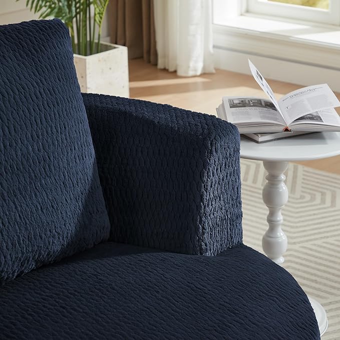 39.4″Wide Round Swivel Accent Barrel Chair Indoor Faux Fur Modern Comfort Upholstered Sponge Sofa Chair for Living Room BedroomOfficeClub (1 Dark Blue)