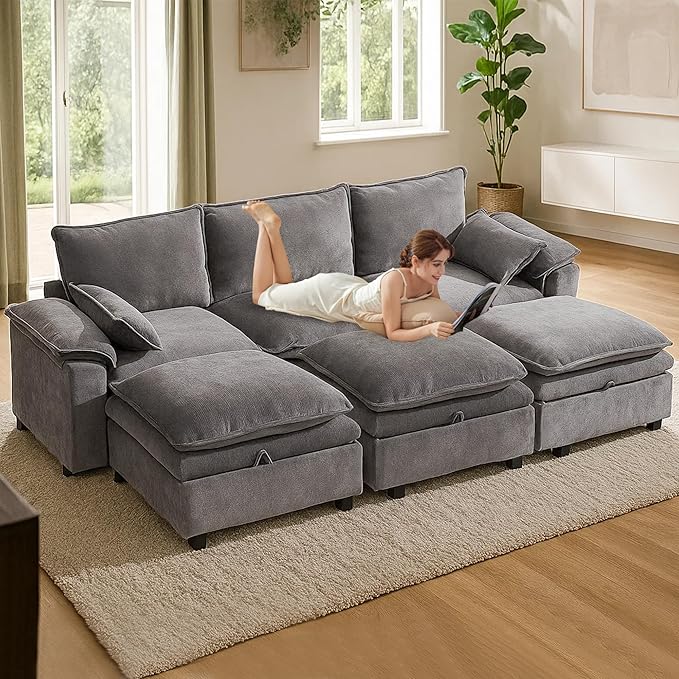 Large L-Shaped Sectional Couch Set - 6 Seater Oversized Cloud Sofa for Living Room Big Comfy Chenille Fabric Couches Extra Long Modular Sofa Bed Furniture