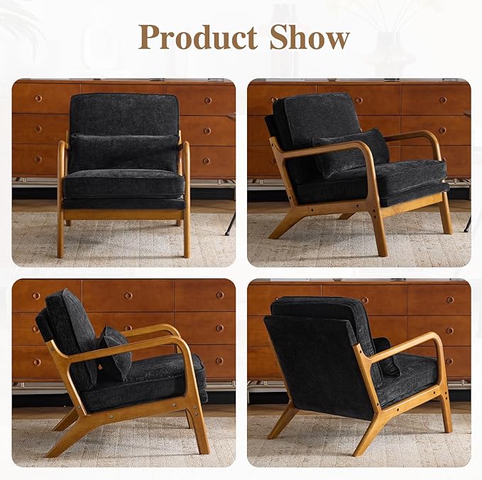 Karl home Mid Century Modern Accent Chair with Lumbar Pillow &amp Oak Arms – Plush Chenille Living Room Chair for Bedroom Lounge (Black)
