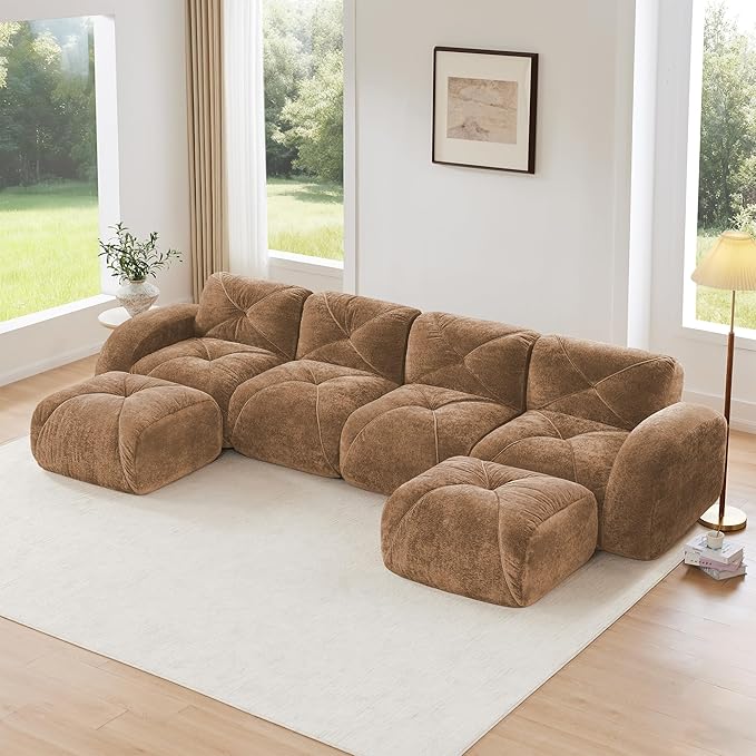 KEIKI 141 U-Shaped Velvet Modular Sectional Sofa with High-Density Foam Cushion &amp 4 Pillow &amp 2 Ottoman Compressed Boneless 4-Seater Tufted Couch No Assembly Required for Living Room Camel