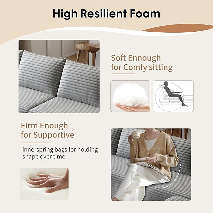168.5 Cloud Sectional Sofa for Living Room Plush Corduroy Cover Fluffy Memory Foam Cushions No Assembly Required U Shaped Modular Chaise Lounge Oversized Comfortable Couches Set Grey