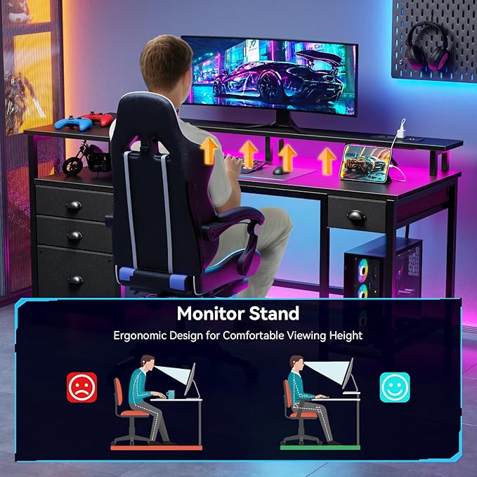 Furologee 60 Black Computer Desk with 4 Drawers and Printer Space Gaming Desk with LED Lights and USB Power Outlets Home Office Desk with Fabric File CabinetStudy Work Table with Shelf for Bedroom