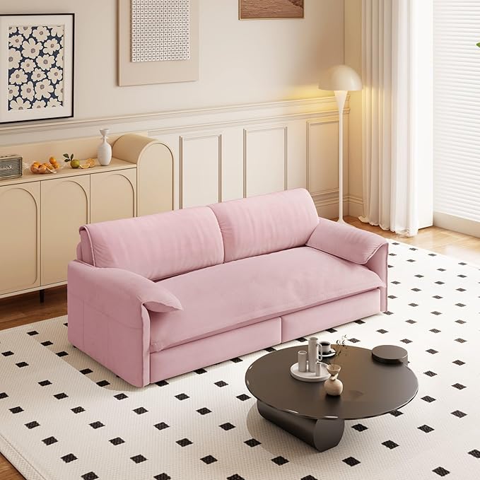 3 in 1 Convertible Queen Sleeper Sofa Bed Comfy Pull Out Futon Couch Bed 66 Modern Velvet Recliner Loveseat Sofa Multi-Functional Pink Cloud Couch for Living RoomApartmentOffice (Pink 66)