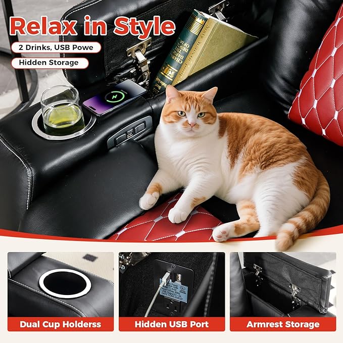 ANJ Power Recliner ChairHome Theater Seating with Adjustable HeadrestCup HoldersUSB PortHidden Arm Storage(Black)