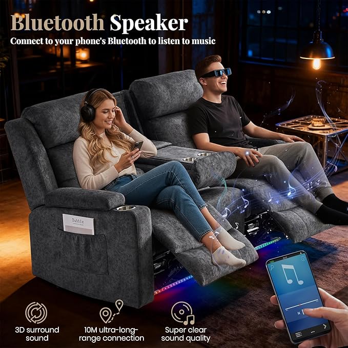 Power Reclining Loveseat Sofa with Bluetooth Function One-Touch Home Theater Seating Couch with LED Light/Console/StorageRV Wall Hugger Double Recliner for Living Room&ampHome Theater(Velvet Gray)