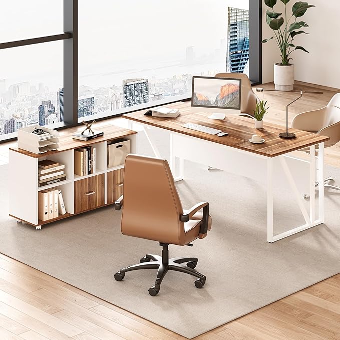 LITTLE TREE 63 Office Desk and 47 File Drawer Cabinet Large Computer Desk Study Writing Desk Workstation for Home Office