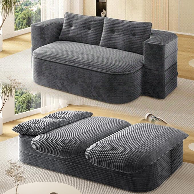 78.7 Full Size Boneless Couch Bed Plush Corduroy Memory Foam Floor Sofa with Multi Functional Blanket 2 in 1Convertible Sleeper Sofa Bed for Living Room Offices Apartment No Assembly (Dark Grey)