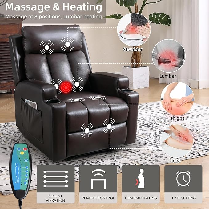3PCS Faux Leather Manual Recliner Chair for Adults Comfy Reclining Chairs with Overstuffed Arm and Back Single Sofa for Living Room (3 Brown)