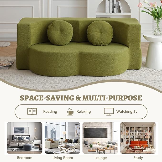 2-In-1 Futon Sofa Bed Foldable Couch with 2 Pillows Convertible Foldable Sofa Bed Folding Sofas Beds for Living Room Guest Room Apartment Office Lazy Sleeper Comfy No Assembly (Green)