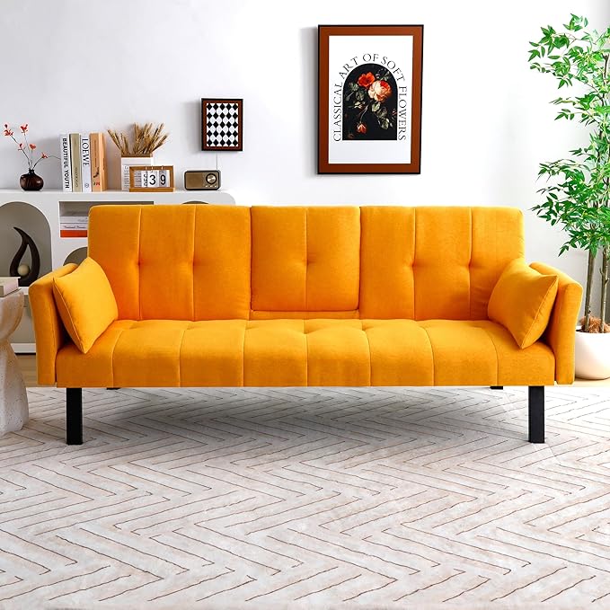 70 Convertible Sofa Bed Modern Futon CouchAdjustable Backrest Cotton Linen with Cup Holders and 2 Throw Pillows Sleeper Sofa for Living Room Apartment Small Space (Yellow)