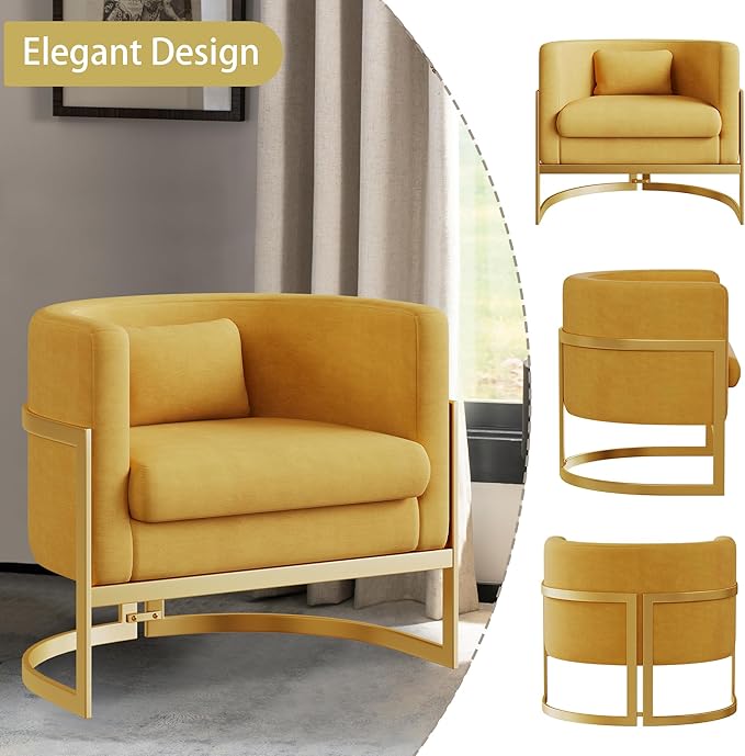 Alunaune Upholstered Velvet Living Room Chair Barrel Accent Chair Modern Armchair Mid Century Lounge Chair Sofa Tub Bucket Club Side Chair for Bedroom-Yellow