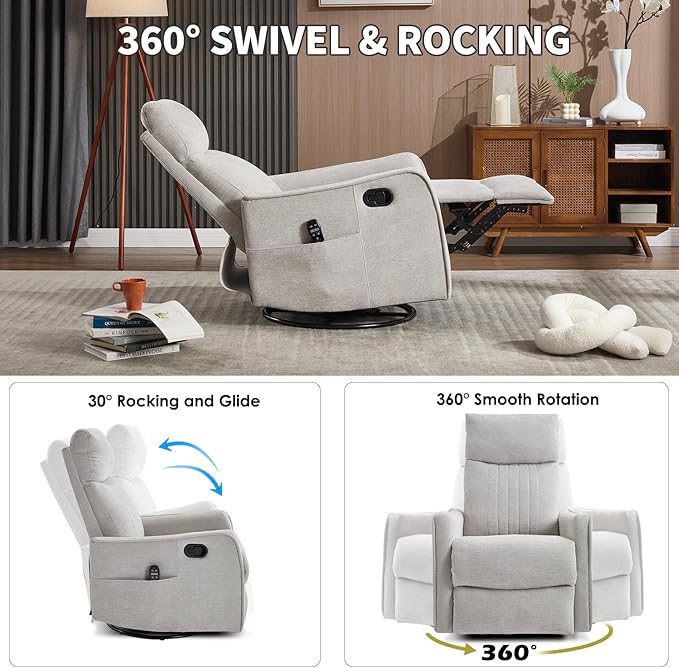 Swivel Rocker Recliner Chair 360° Swivel Recliner with Heat and Massage Rocker Recliner Nursery Glider Chair with Side Pockets for Living Room (Light Grey Fabric)