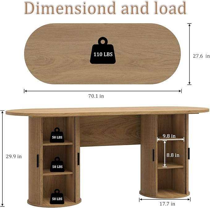blini Executive Office Desk with Storage Fluted Wood Computer Desks with 2 Sliding Doors Mid Century Modern Oval Writing Table for Home Office Study Room Living Room